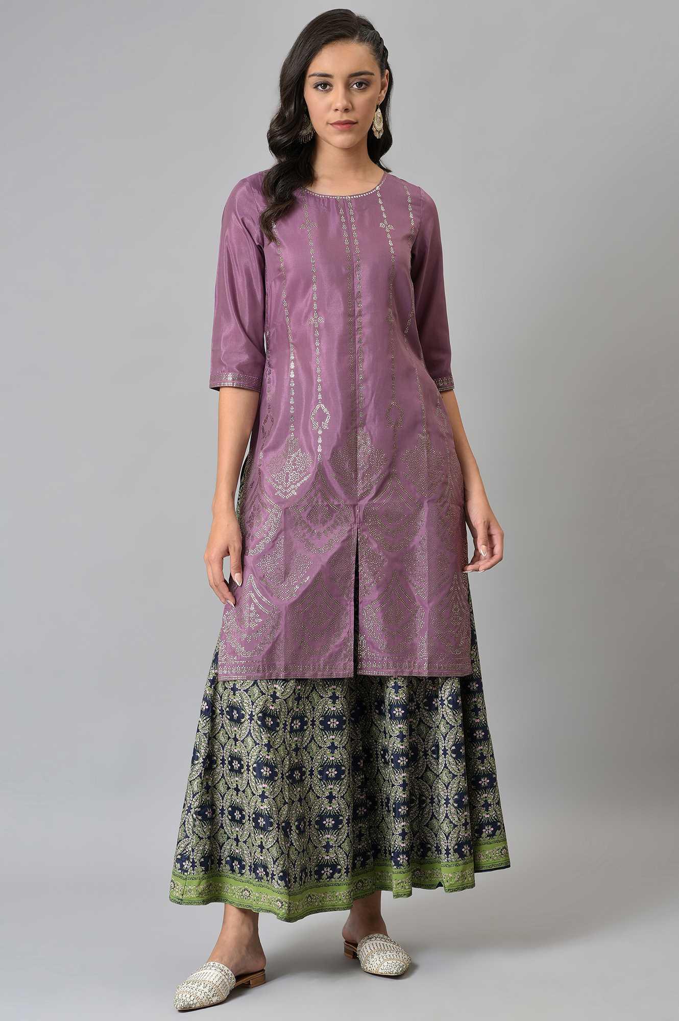 W for Woman Purple Shantung Mukaish Printed kurta
