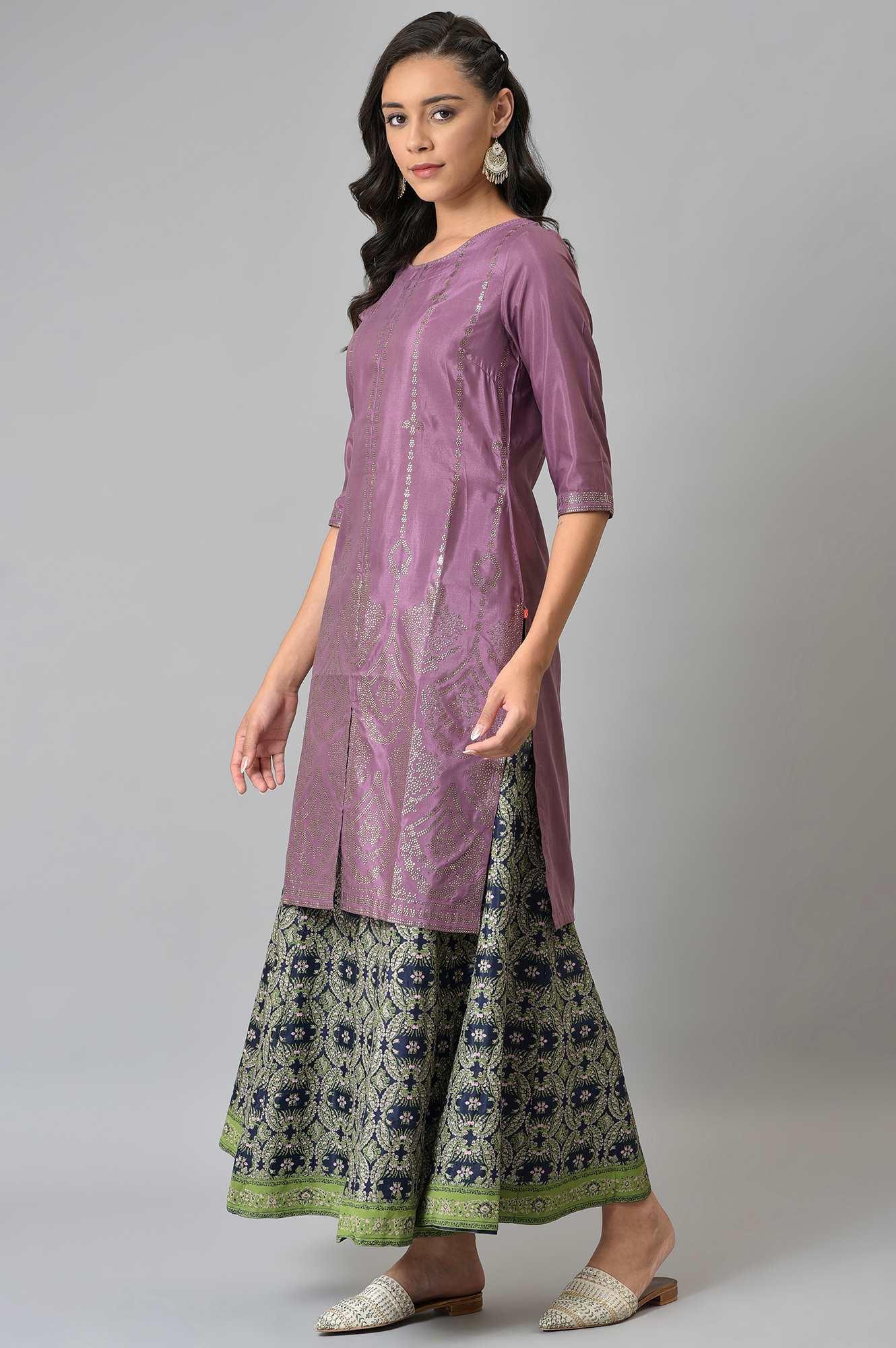 W for Woman Purple Shantung Mukaish Printed kurta
