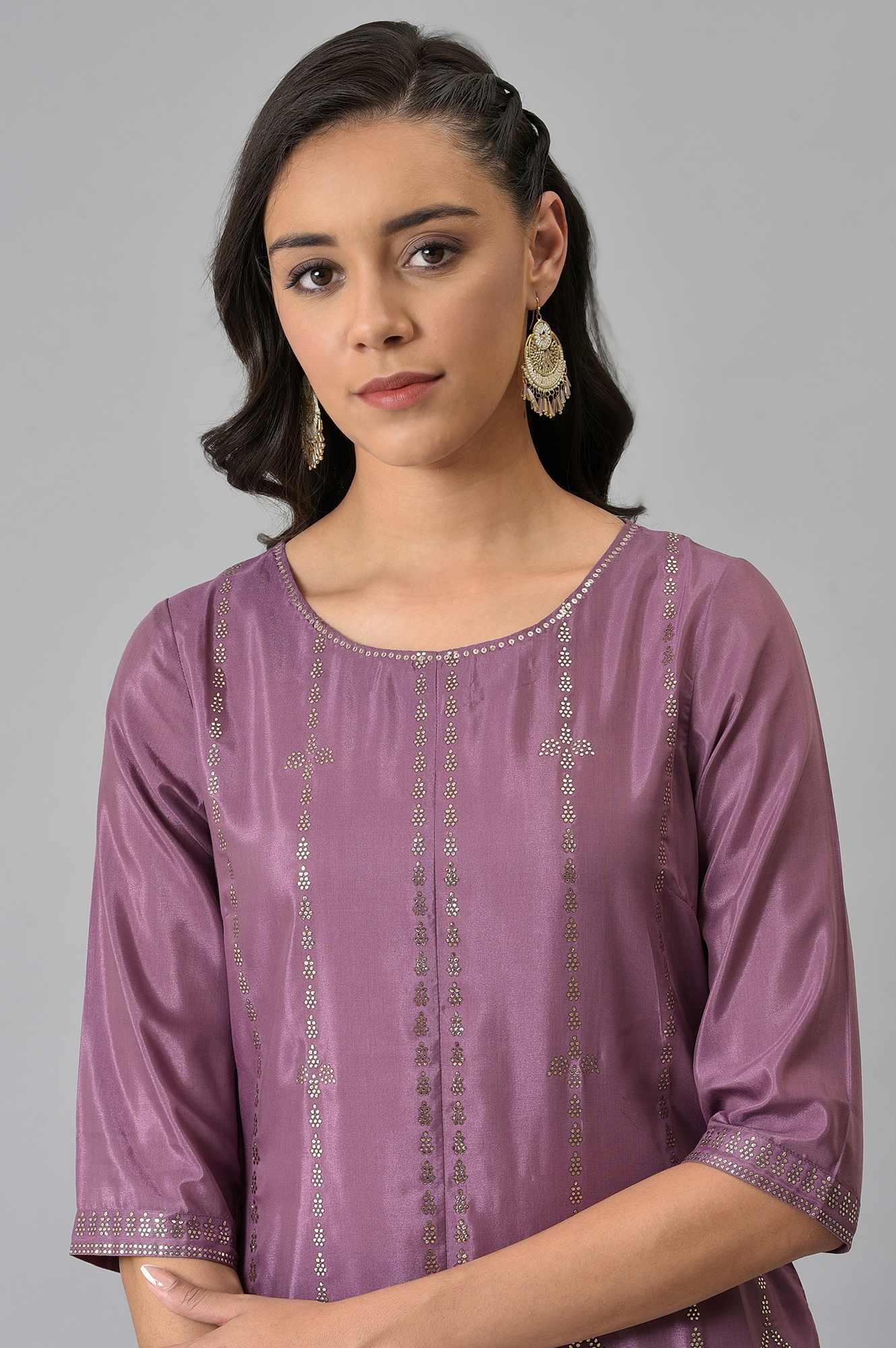 W for Woman Purple Shantung Mukaish Printed kurta