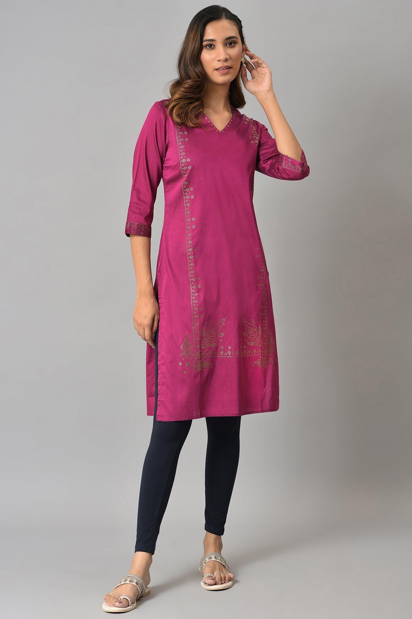 W for Woman Magenta Mukaish Printed kurta With Sequins