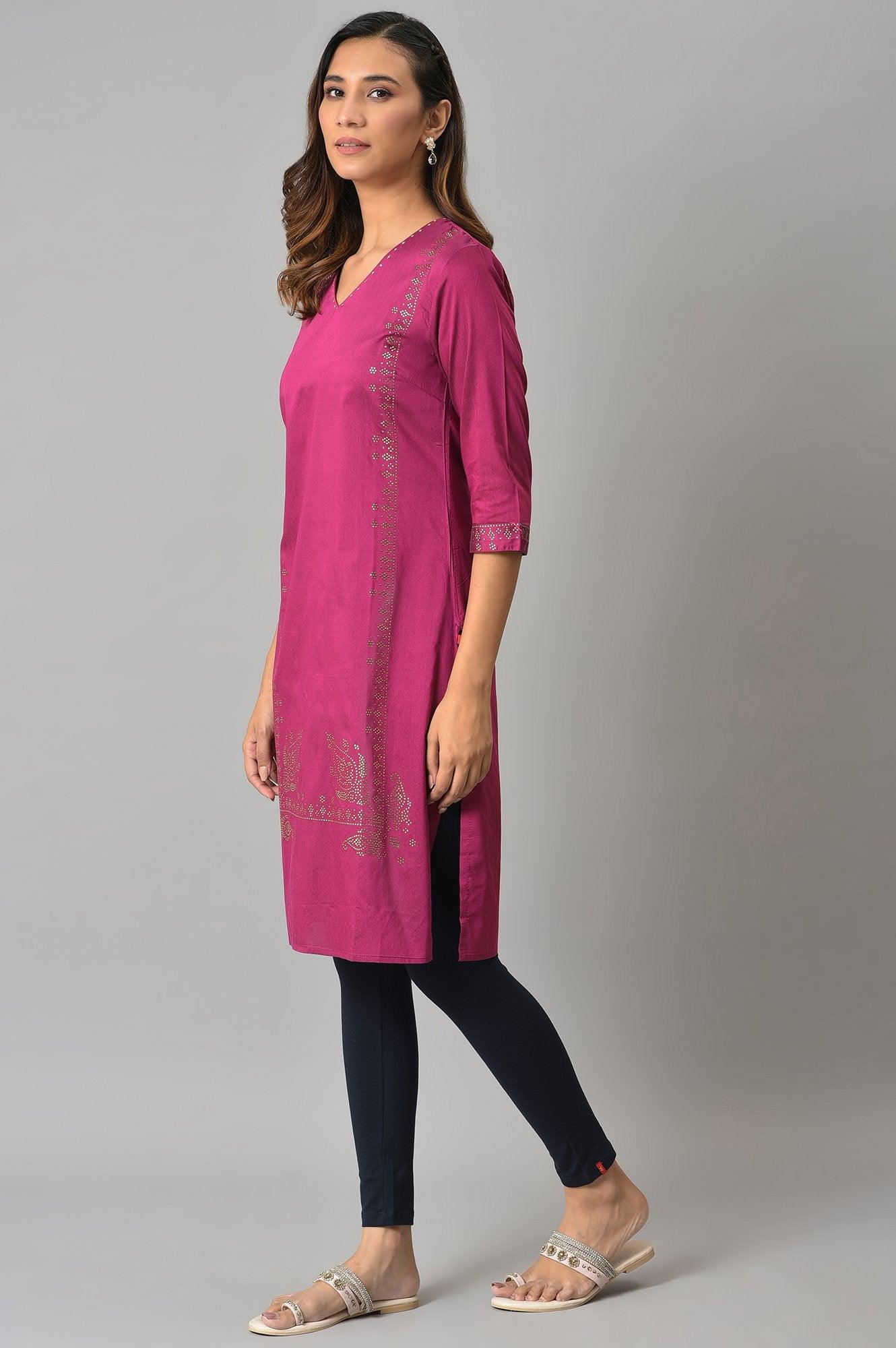 W for Woman Magenta Mukaish Printed kurta With Sequins