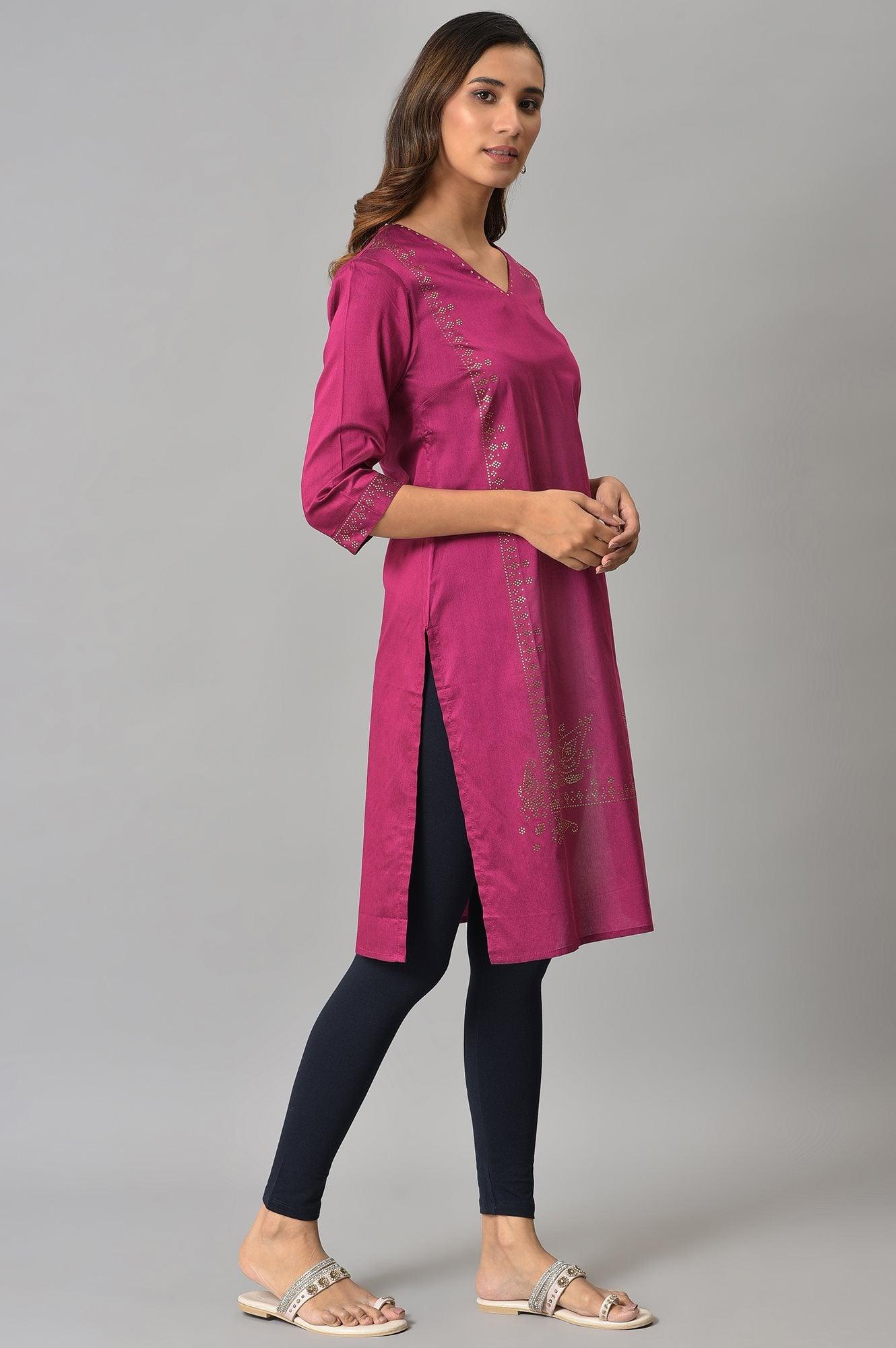 W for Woman Magenta Mukaish Printed kurta With Sequins