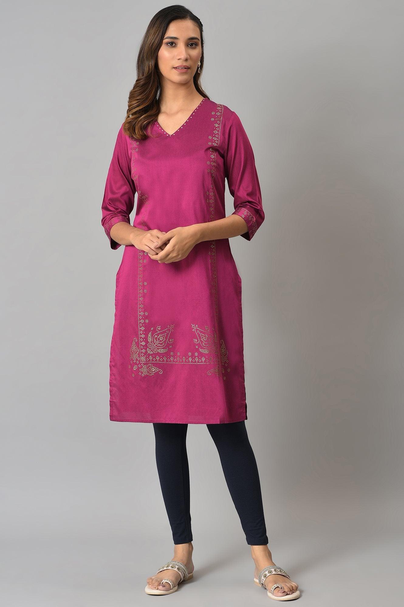 W for Woman Magenta Mukaish Printed kurta With Sequins