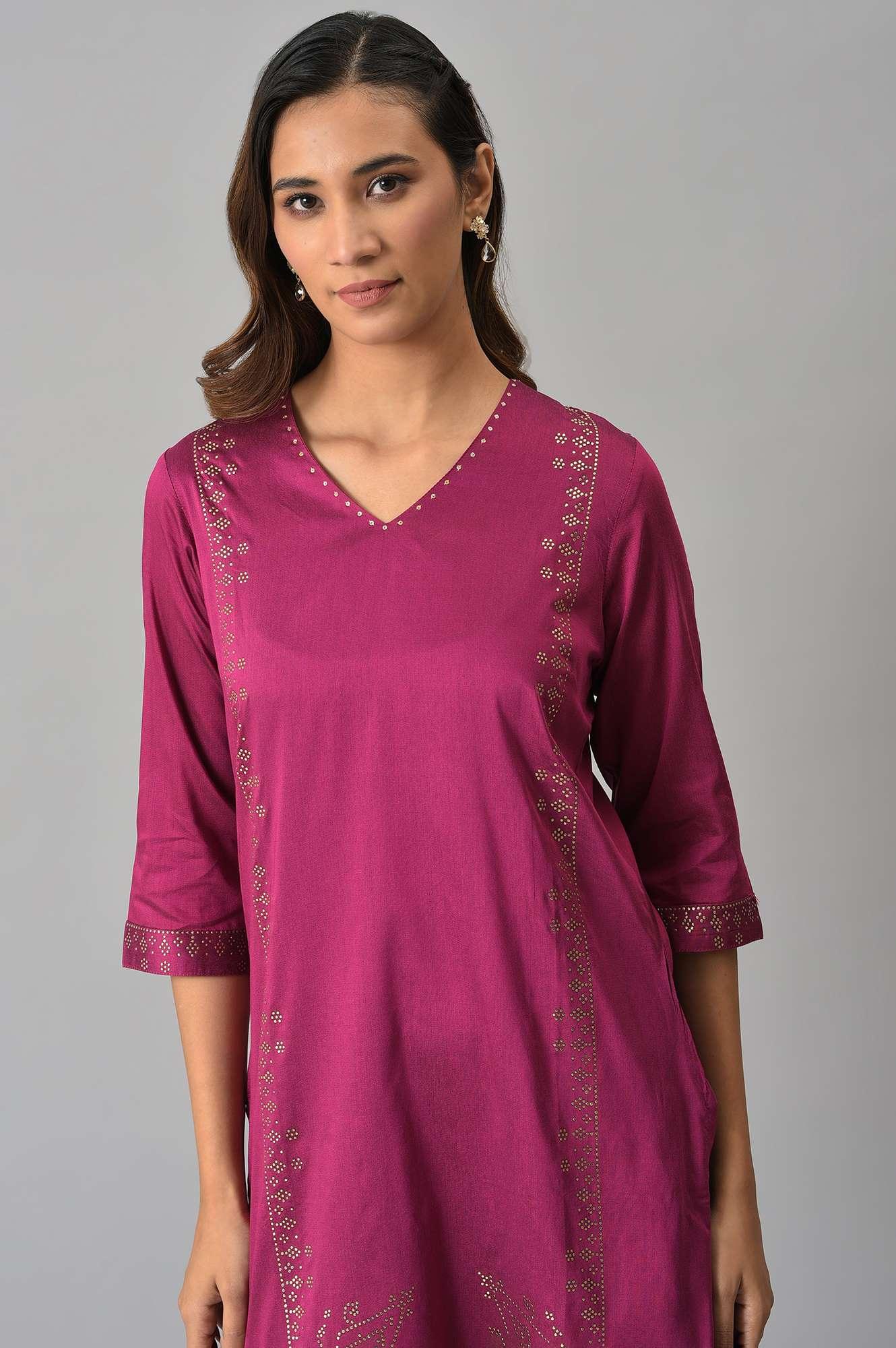 W for Woman Magenta Mukaish Printed kurta With Sequins