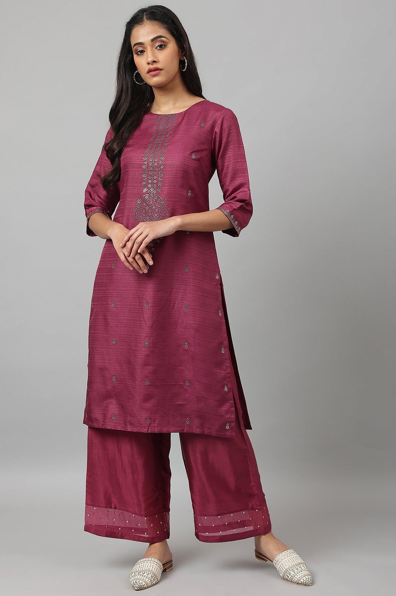 W for Woman Purple Mukaish Printed Karnataka Silk Straight Kurta
