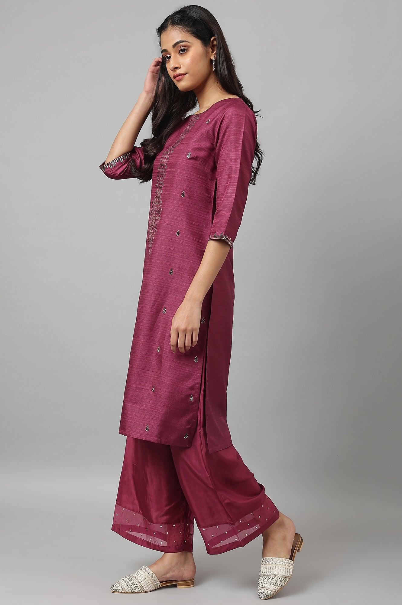 W for Woman Purple Mukaish Printed Karnataka Silk Straight Kurta