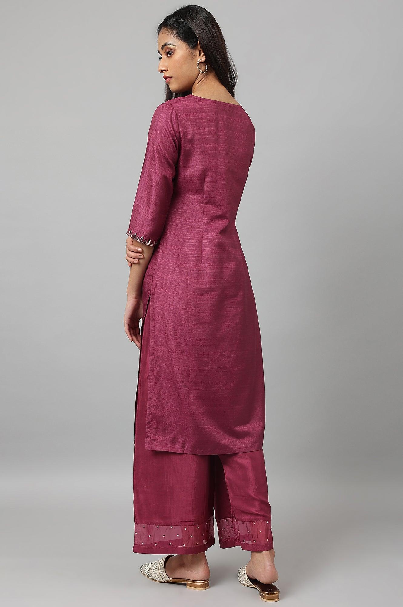 W for Woman Purple Mukaish Printed Karnataka Silk Straight Kurta