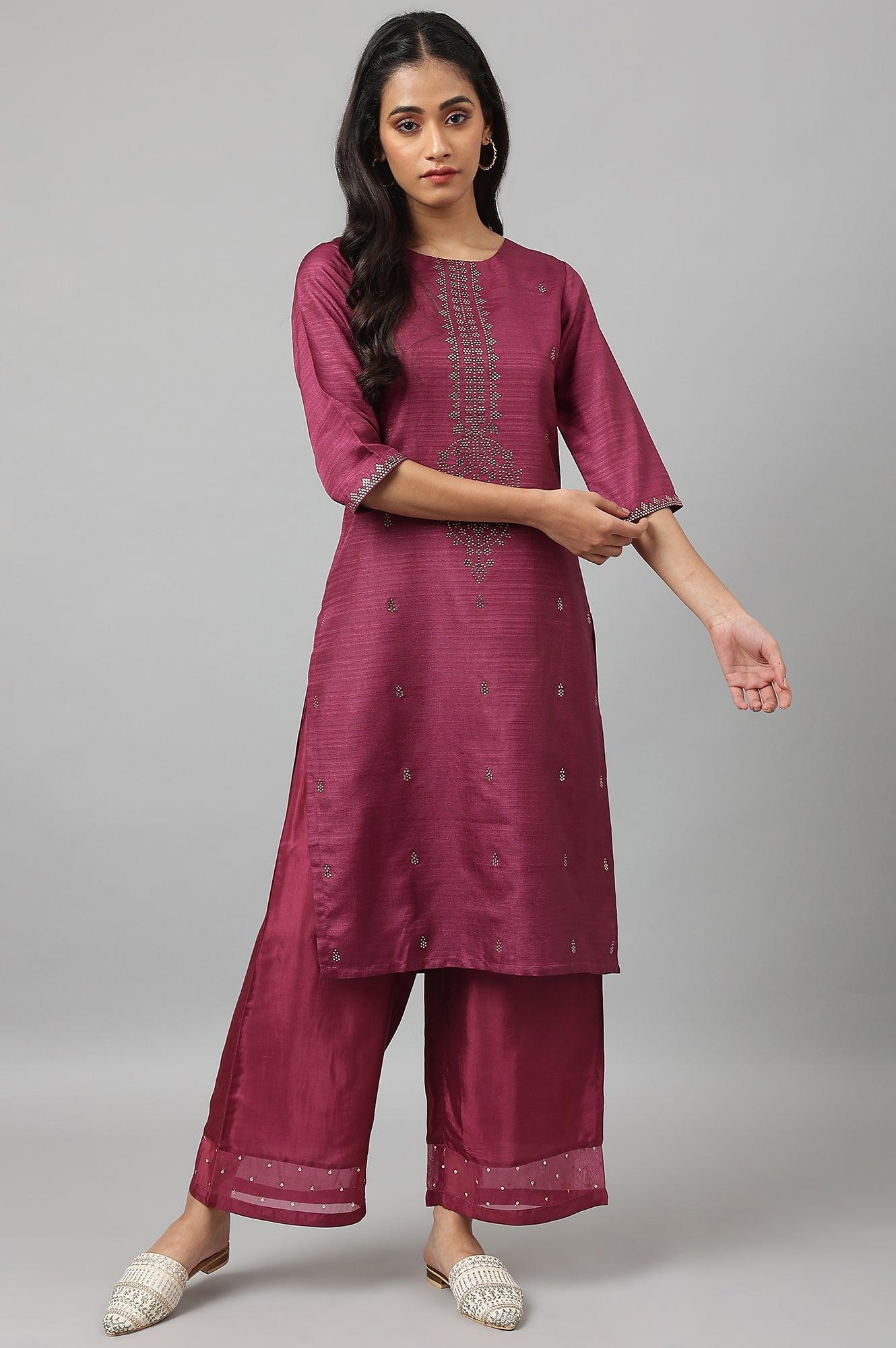 W for Woman Purple Mukaish Printed Karnataka Silk Straight Kurta