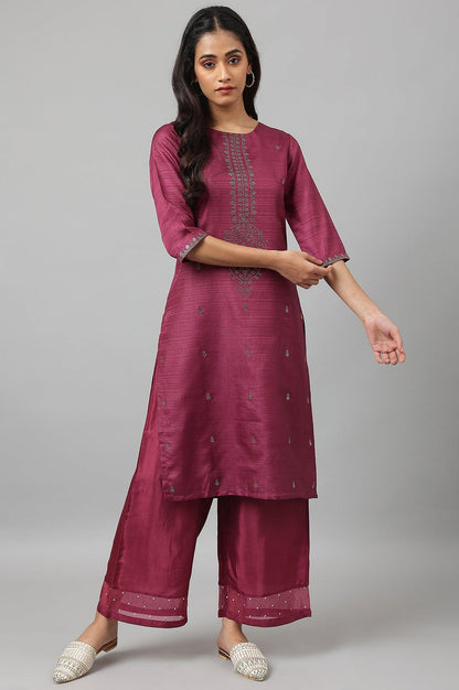 W for Woman Purple Mukaish Printed Karnataka Silk Straight Kurta