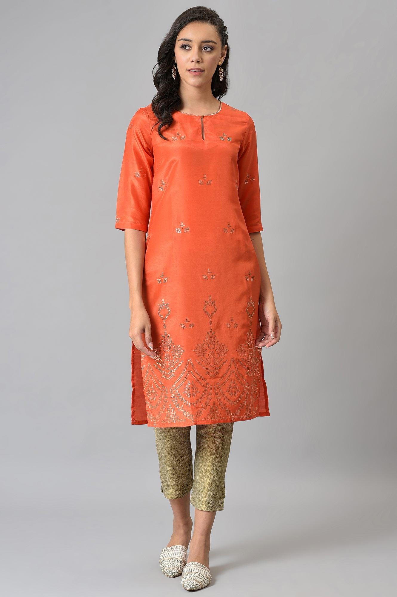 W for Woman Orange Mukaish Printed kurta