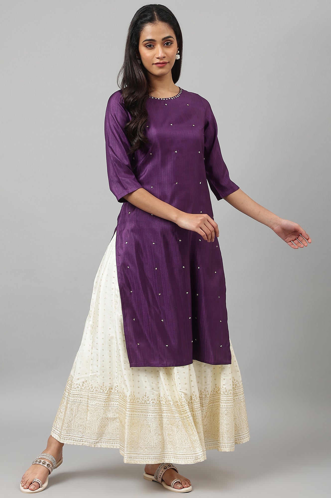 W for Woman Deep Purple Solid Sequinned Viscose Straight Kurta