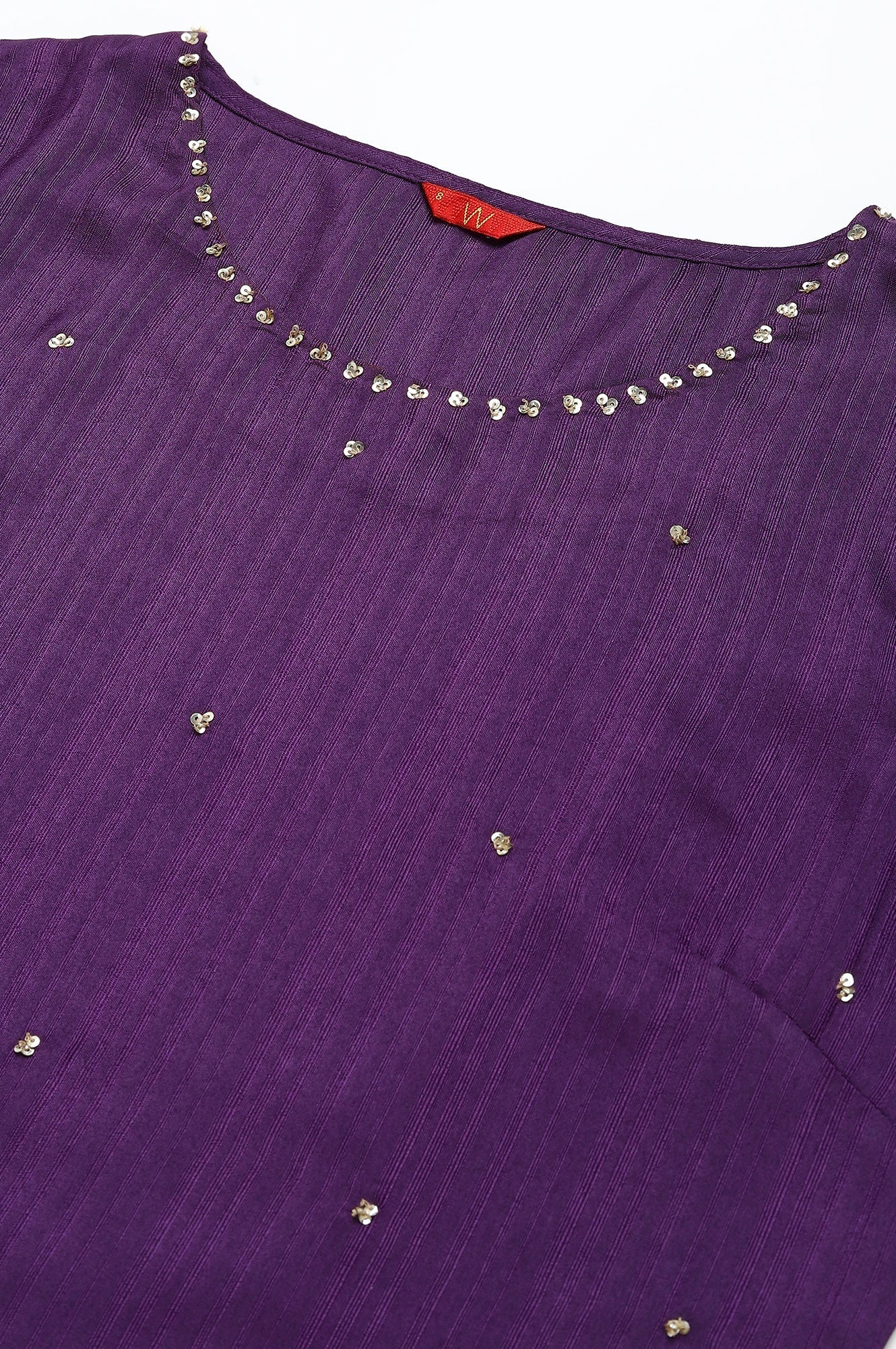 W for Woman Deep Purple Solid Sequinned Viscose Straight Kurta