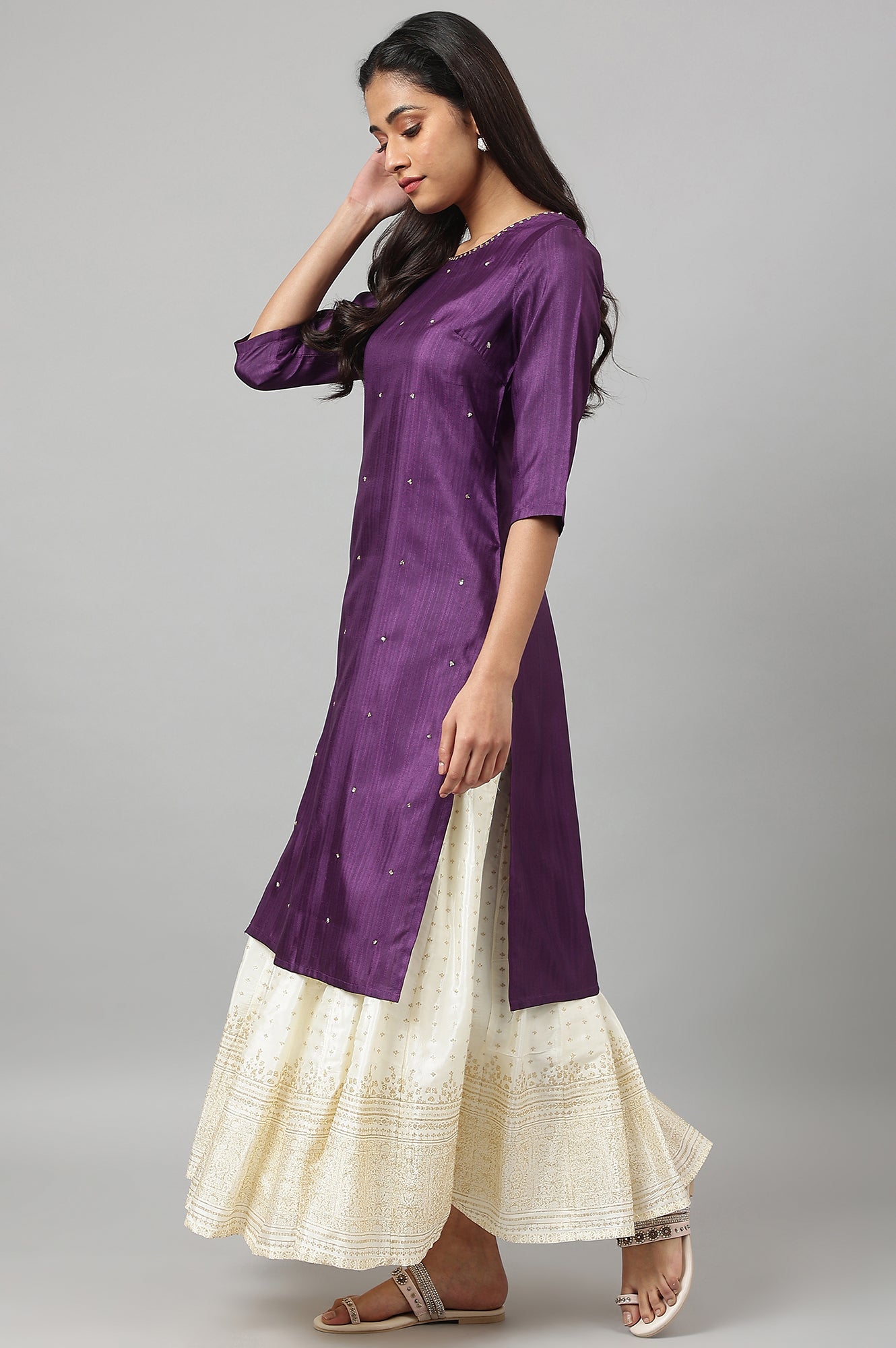 W for Woman Deep Purple Solid Sequinned Viscose Straight Kurta