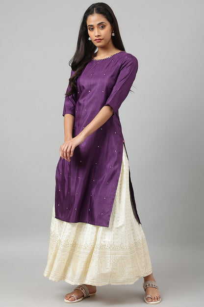 W for Woman Deep Purple Solid Sequinned Viscose Straight Kurta