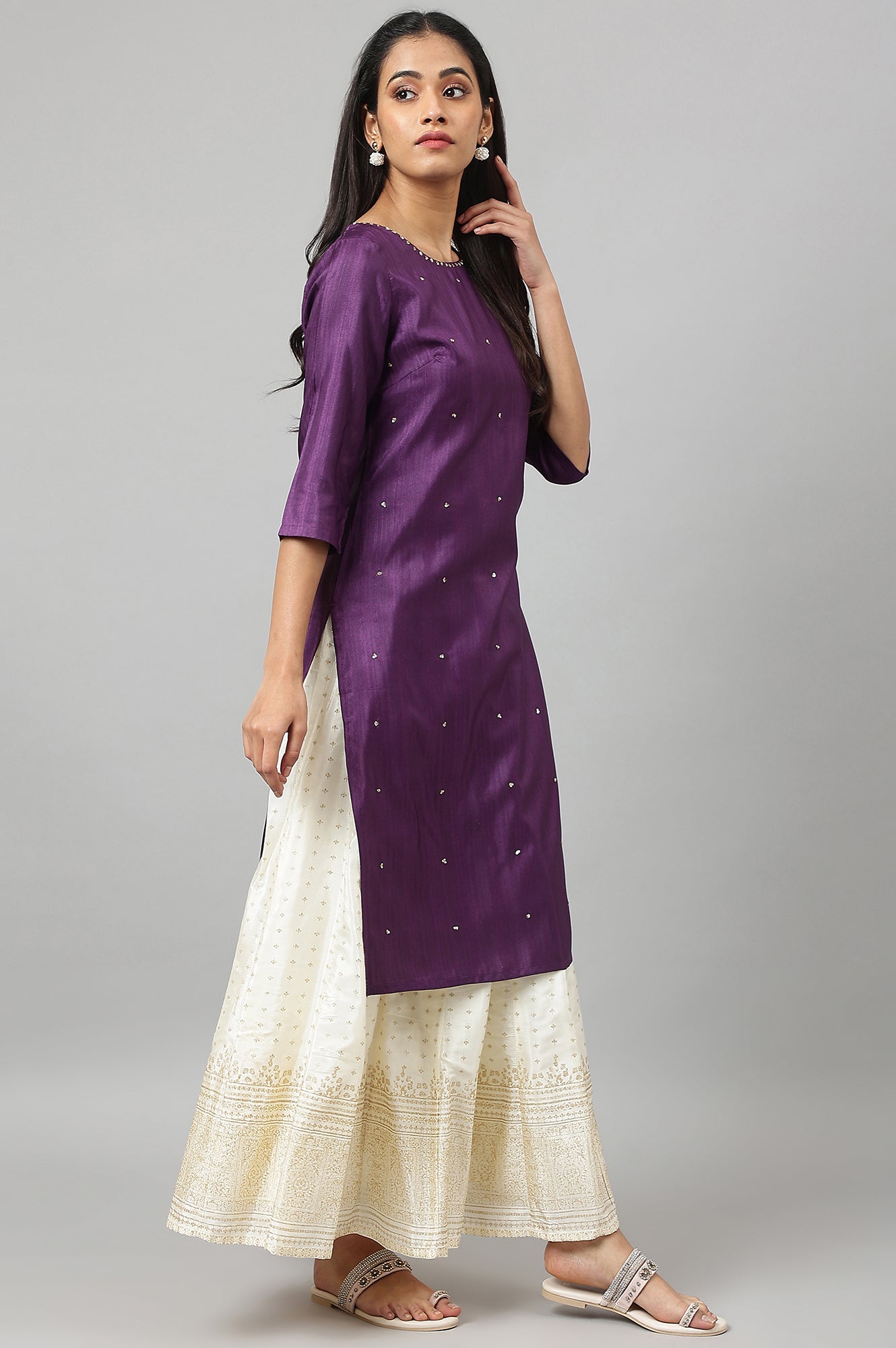 W for Woman Deep Purple Solid Sequinned Viscose Straight Kurta