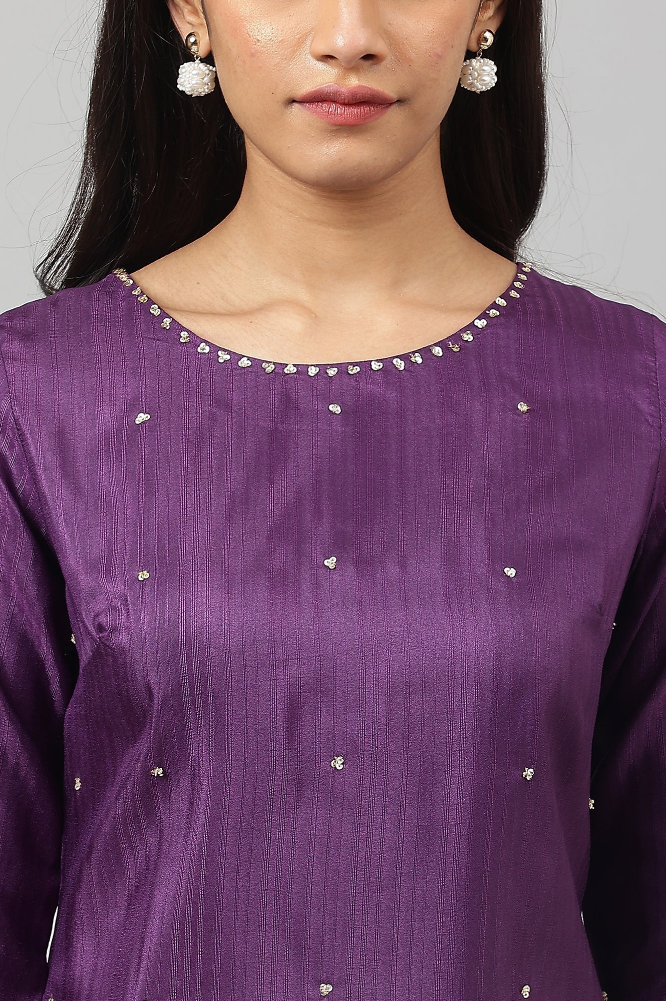 W for Woman Deep Purple Solid Sequinned Viscose Straight Kurta