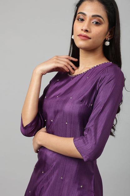 W for Woman Deep Purple Solid Sequinned Viscose Straight Kurta
