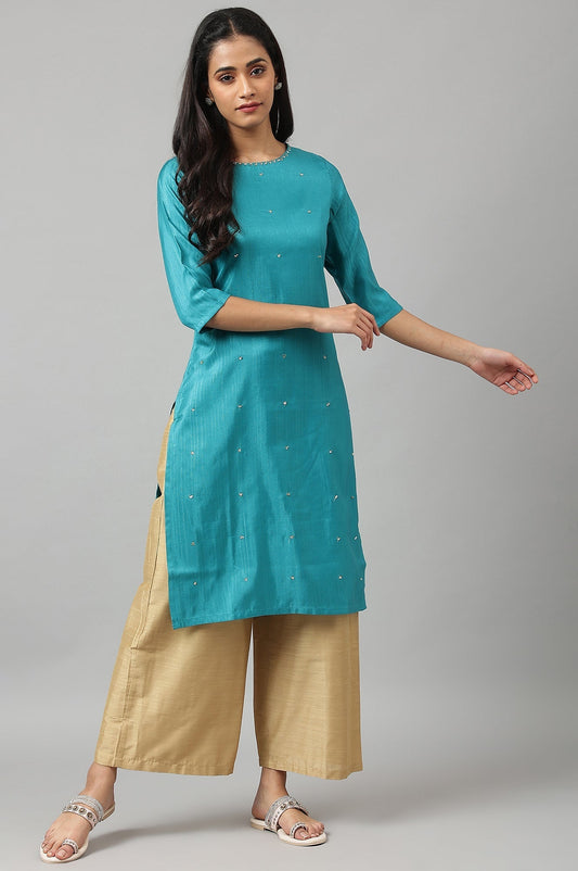 W for Woman Teal Straight kurta With Sequin Highlight