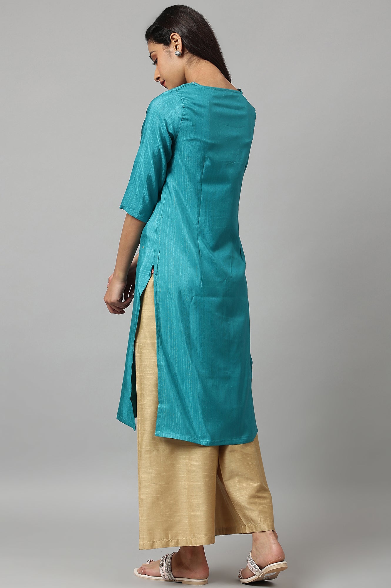 W for Woman Teal Straight kurta With Sequin Highlight
