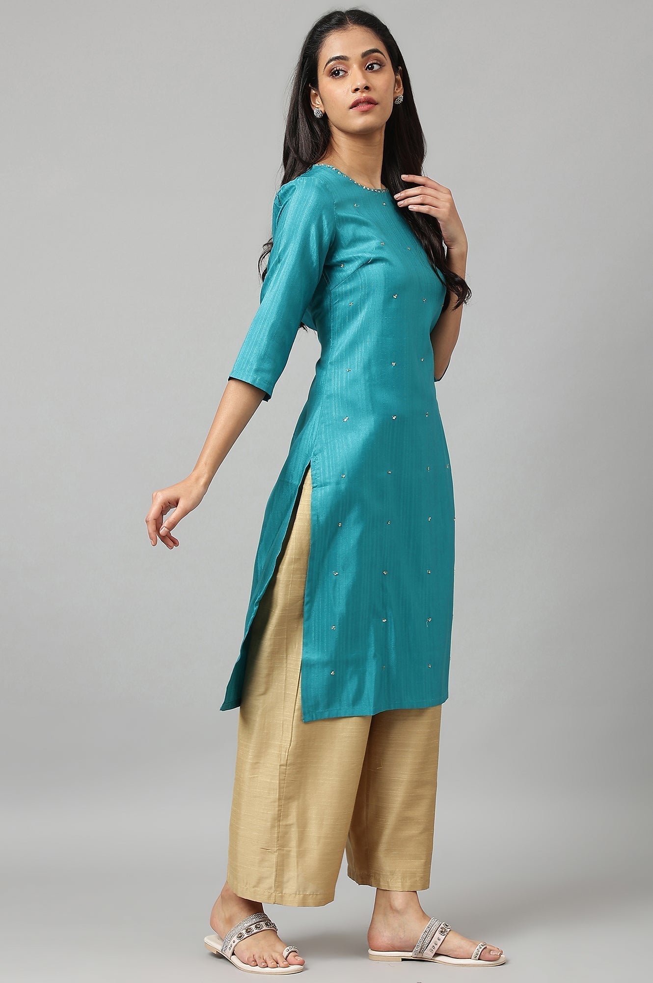 W for Woman Teal Straight kurta With Sequin Highlight