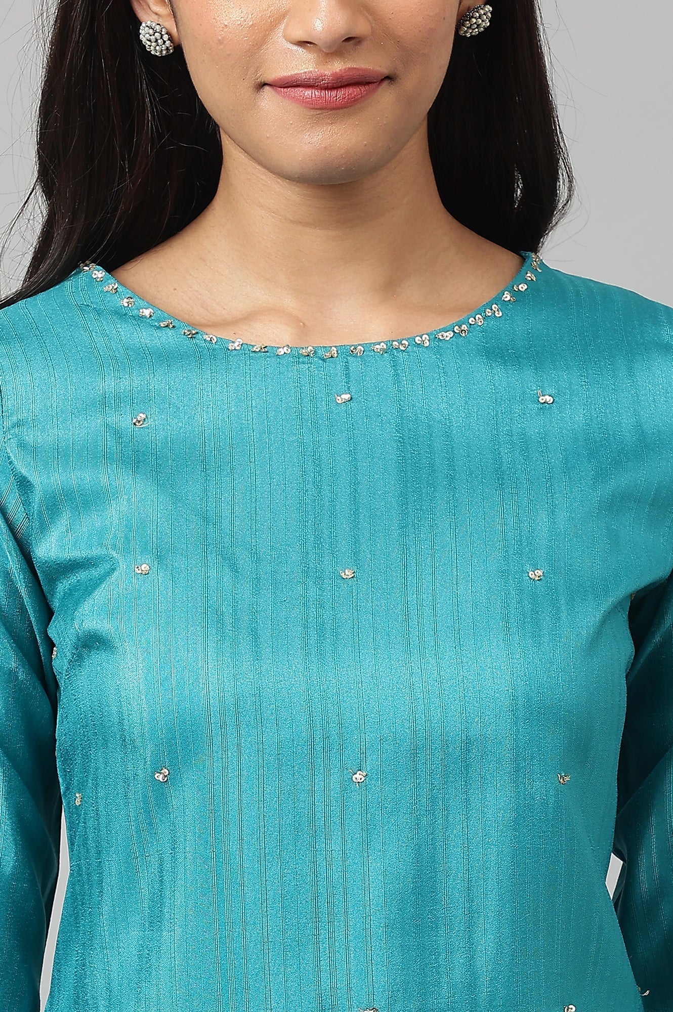 W for Woman Teal Straight kurta With Sequin Highlight