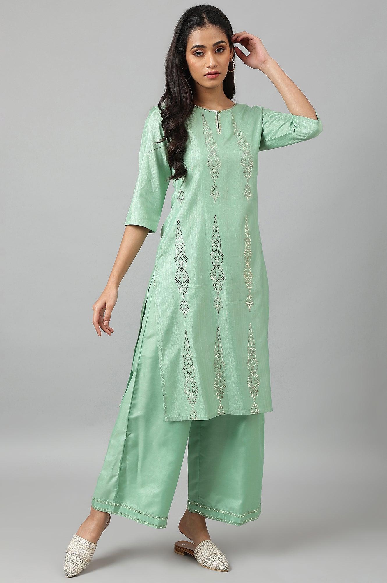 W for Woman Pistachio Green Mukaish Printed kurta