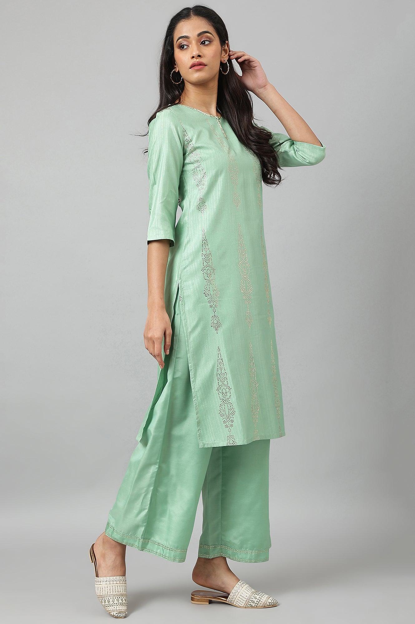 W for Woman Pistachio Green Mukaish Printed kurta