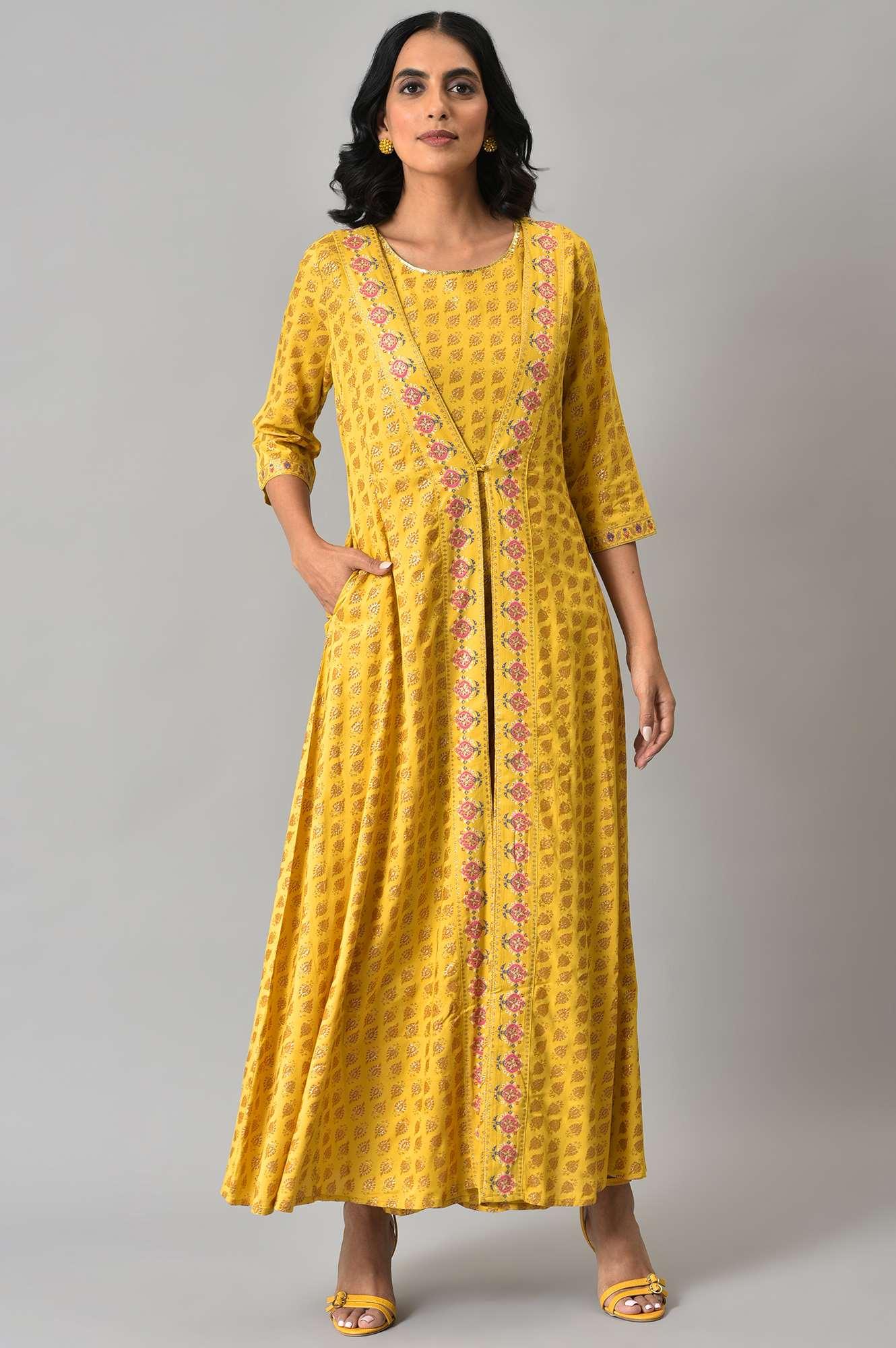 W for Woman Yellow Glitter Printed Mock Layered Embellished Jumpsuit