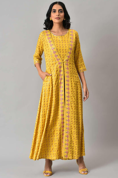 W for Woman Yellow Glitter Printed Mock Layered Embellished Jumpsuit