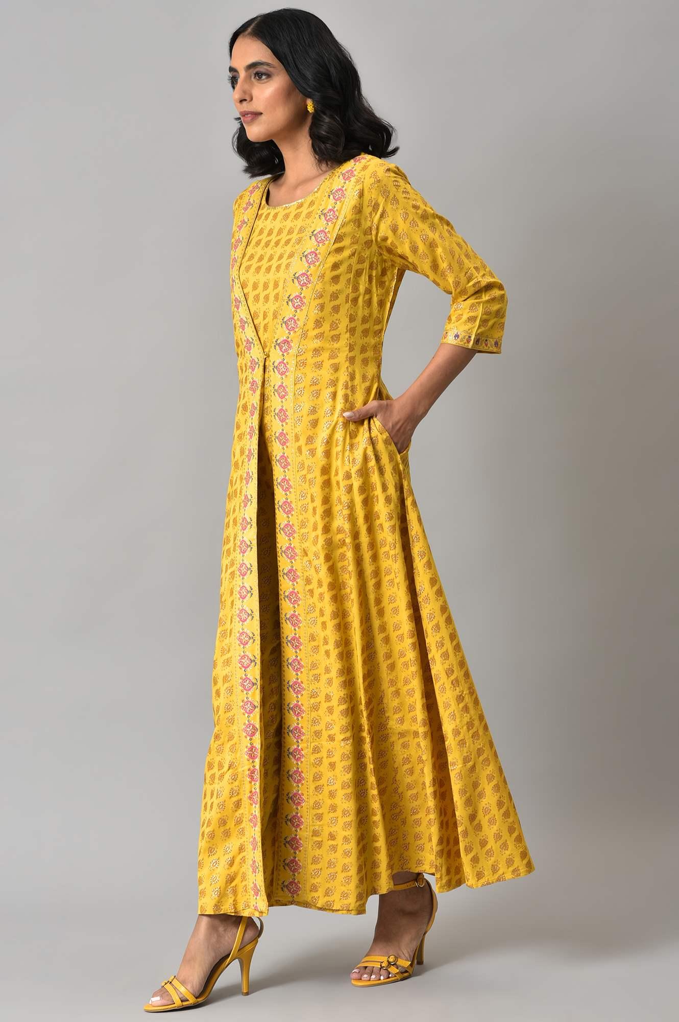 W for Woman Yellow Glitter Printed Mock Layered Embellished Jumpsuit