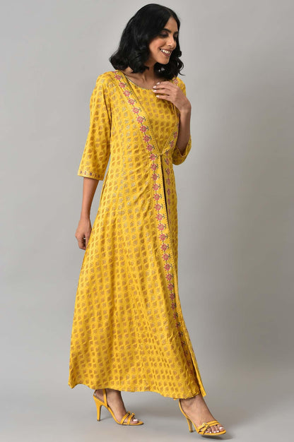 W for Woman Yellow Glitter Printed Mock Layered Embellished Jumpsuit