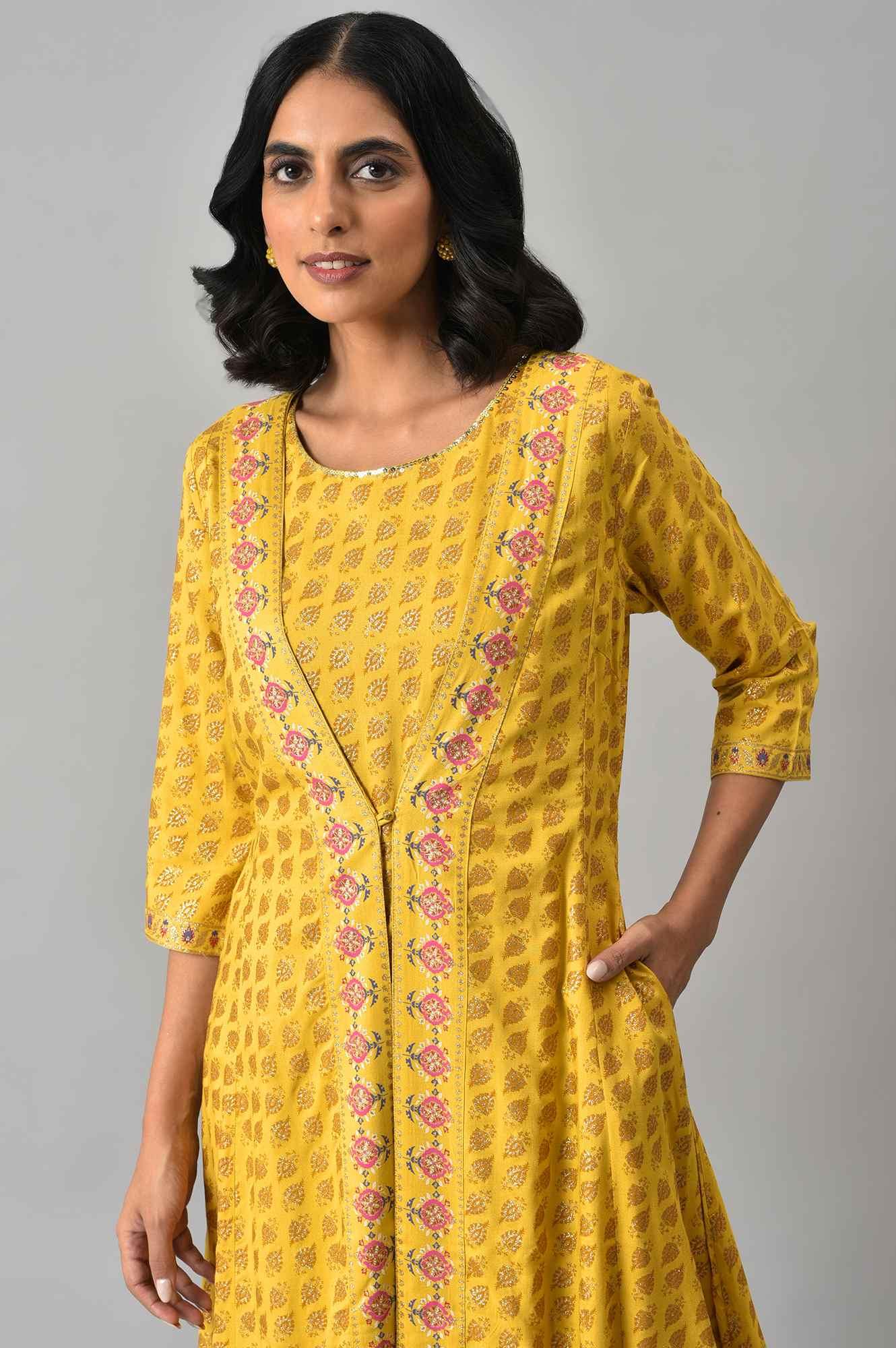 W for Woman Yellow Glitter Printed Mock Layered Embellished Jumpsuit