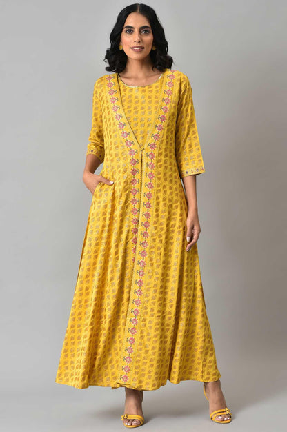 W for Woman Yellow Glitter Printed Mock Layered Embellished Jumpsuit