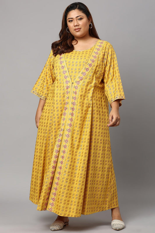 W for Woman Yellow Glitter Printed Mock Layered Embellished Plus Size Kimono Jumpsuit