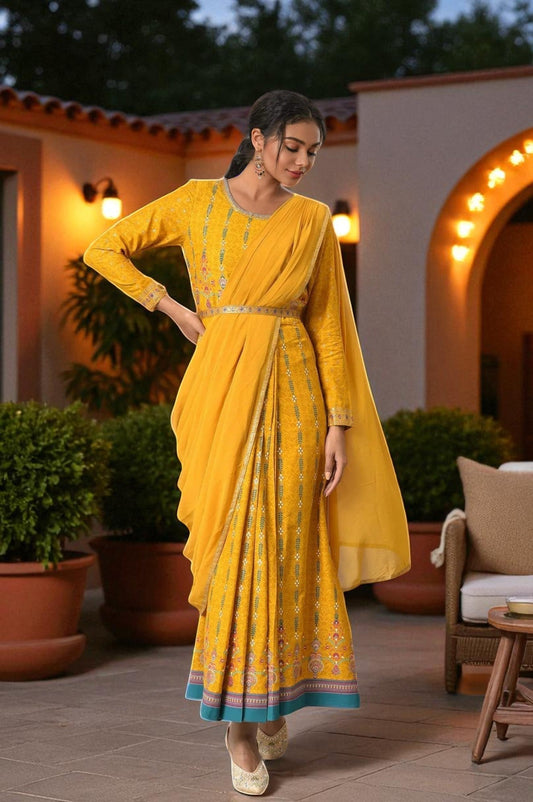W for Woman Yellow Glitter Printed Festive Pre-drape Saree Dress with Belt