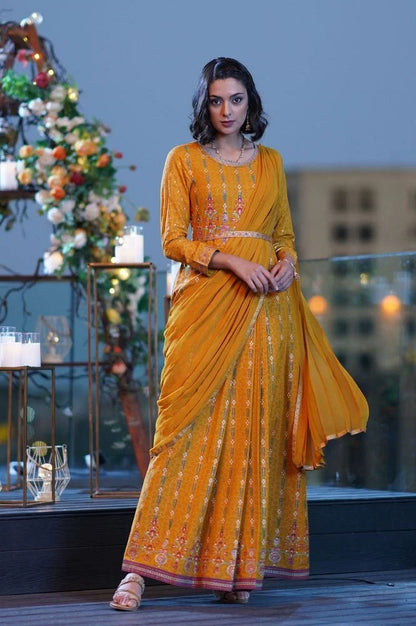 W for Woman Yellow Glitter Printed Festive Pre-drape Saree Dress with Belt