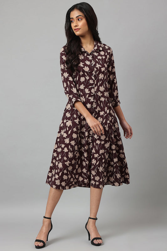 W for Woman Burgundy Floral Printed Long Shirt Dress
