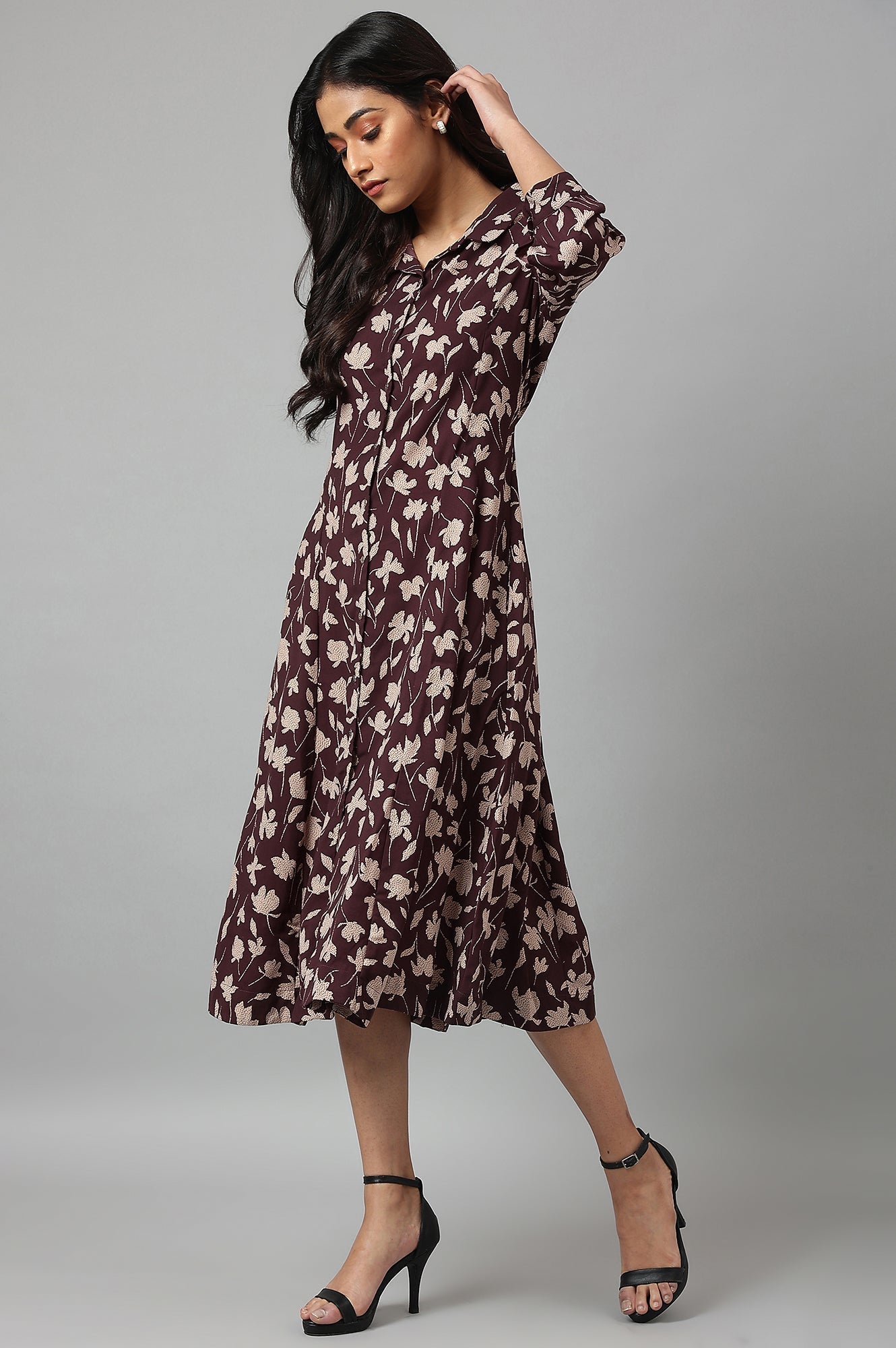W for Woman Burgundy Floral Printed Long Shirt Dress