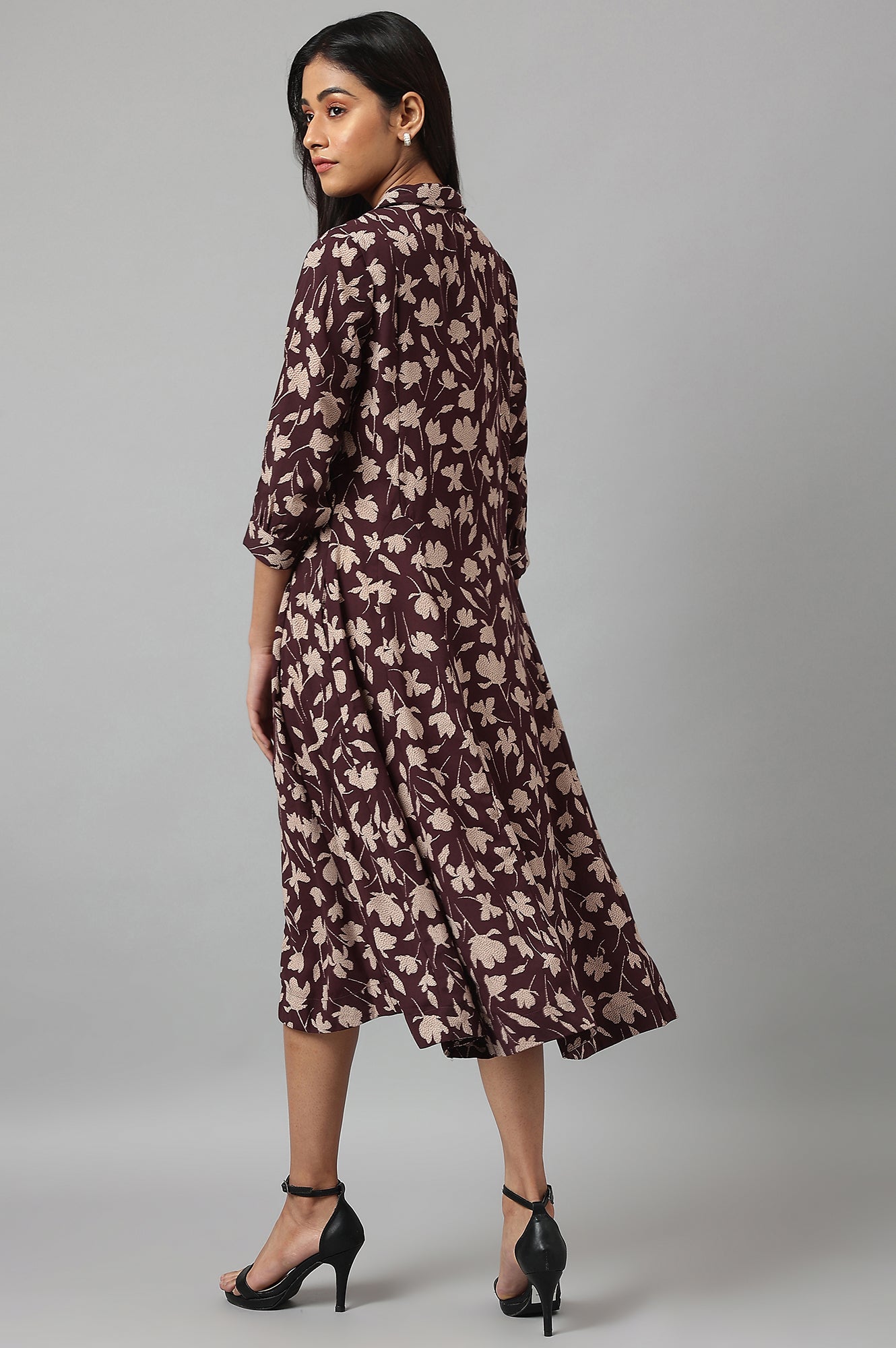 W for Woman Burgundy Floral Printed Long Shirt Dress