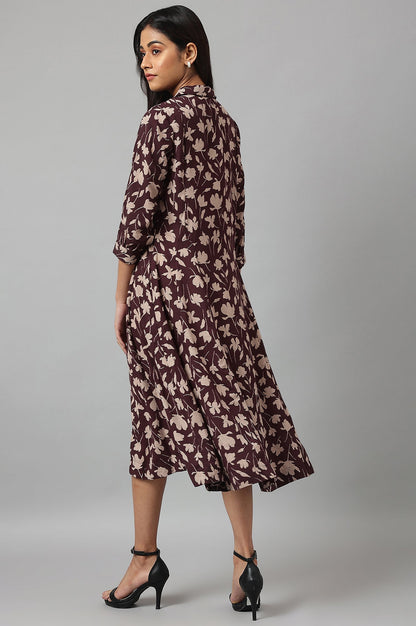 W for Woman Burgundy Floral Printed Long Shirt Dress