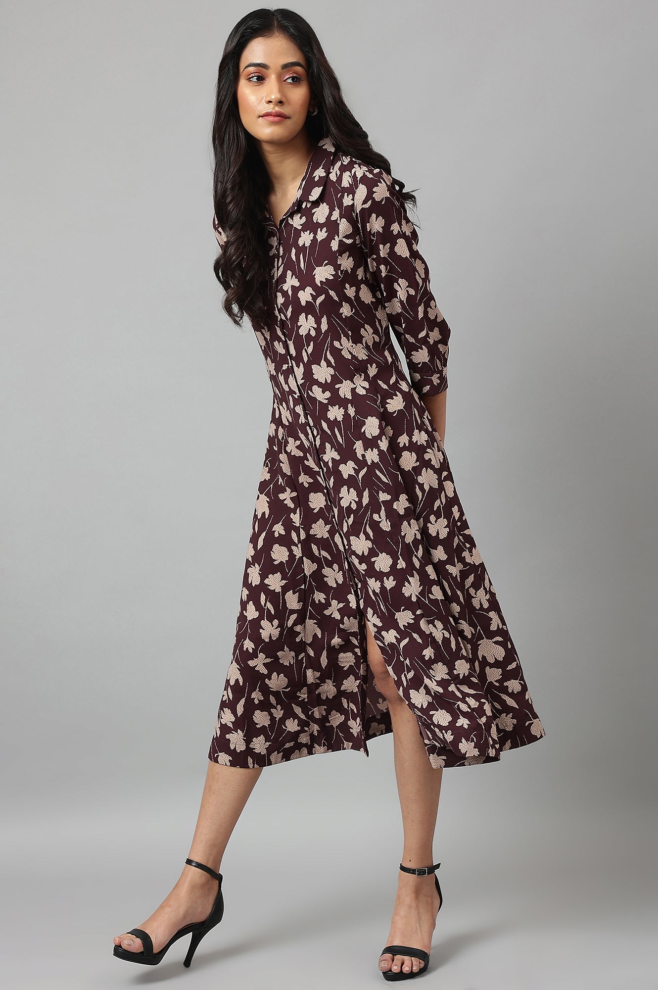 W for Woman Burgundy Floral Printed Long Shirt Dress