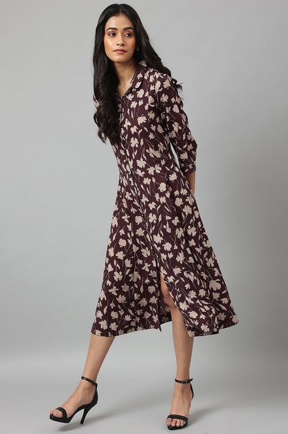 W for Woman Burgundy Floral Printed Long Shirt Dress