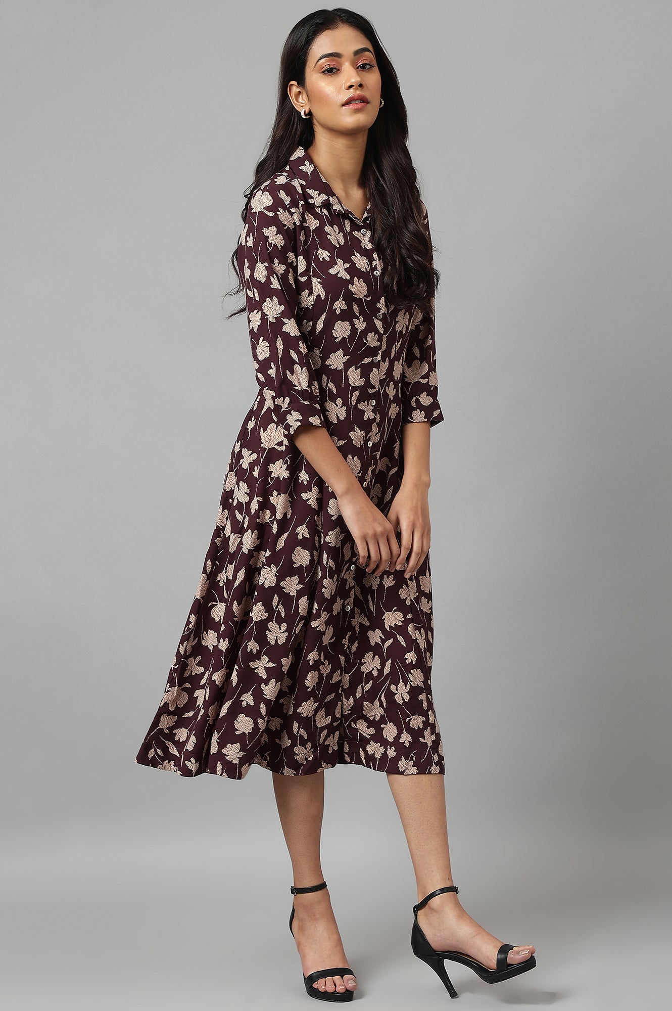 W for Woman Burgundy Floral Printed Long Shirt Dress