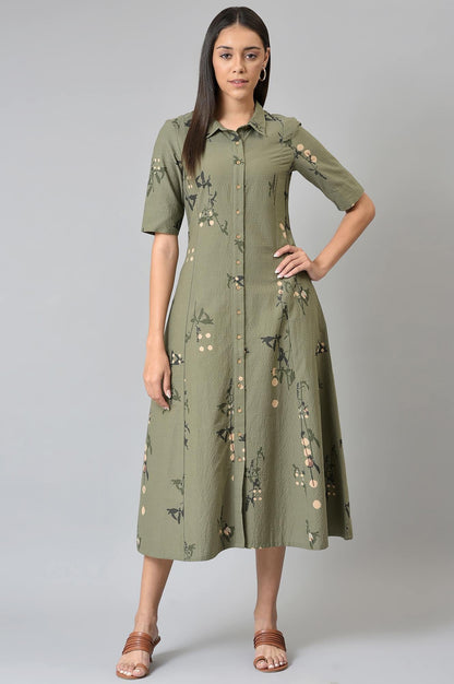 W for Woman Olive Green Seer Sucker Long Dress