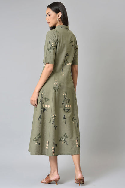 W for Woman Olive Green Seer Sucker Long Dress