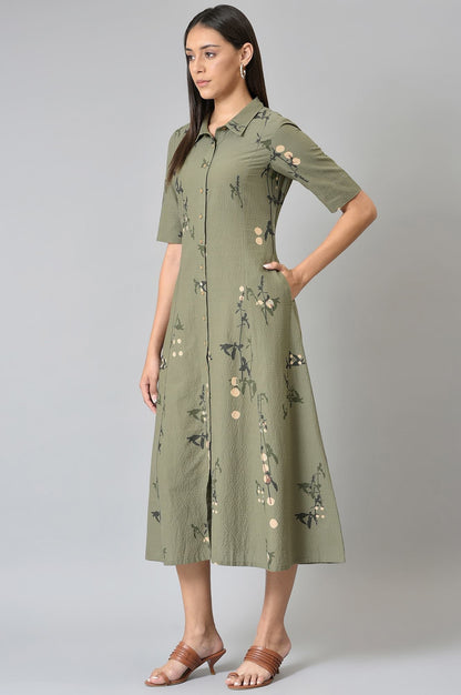 W for Woman Olive Green Seer Sucker Long Dress
