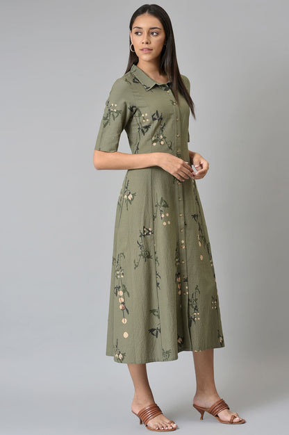 W for Woman Olive Green Seer Sucker Long Dress