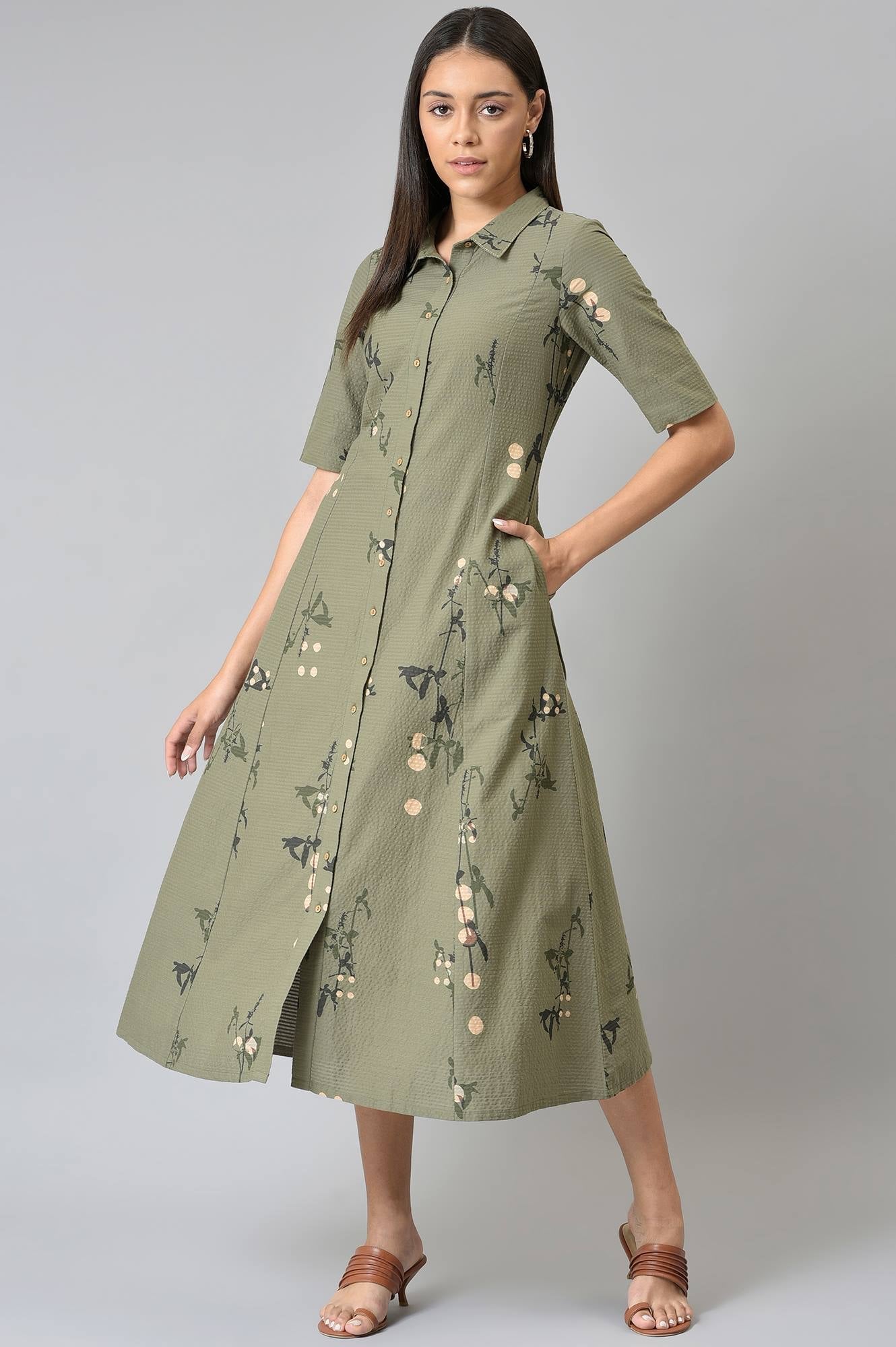 W for Woman Olive Green Seer Sucker Long Dress