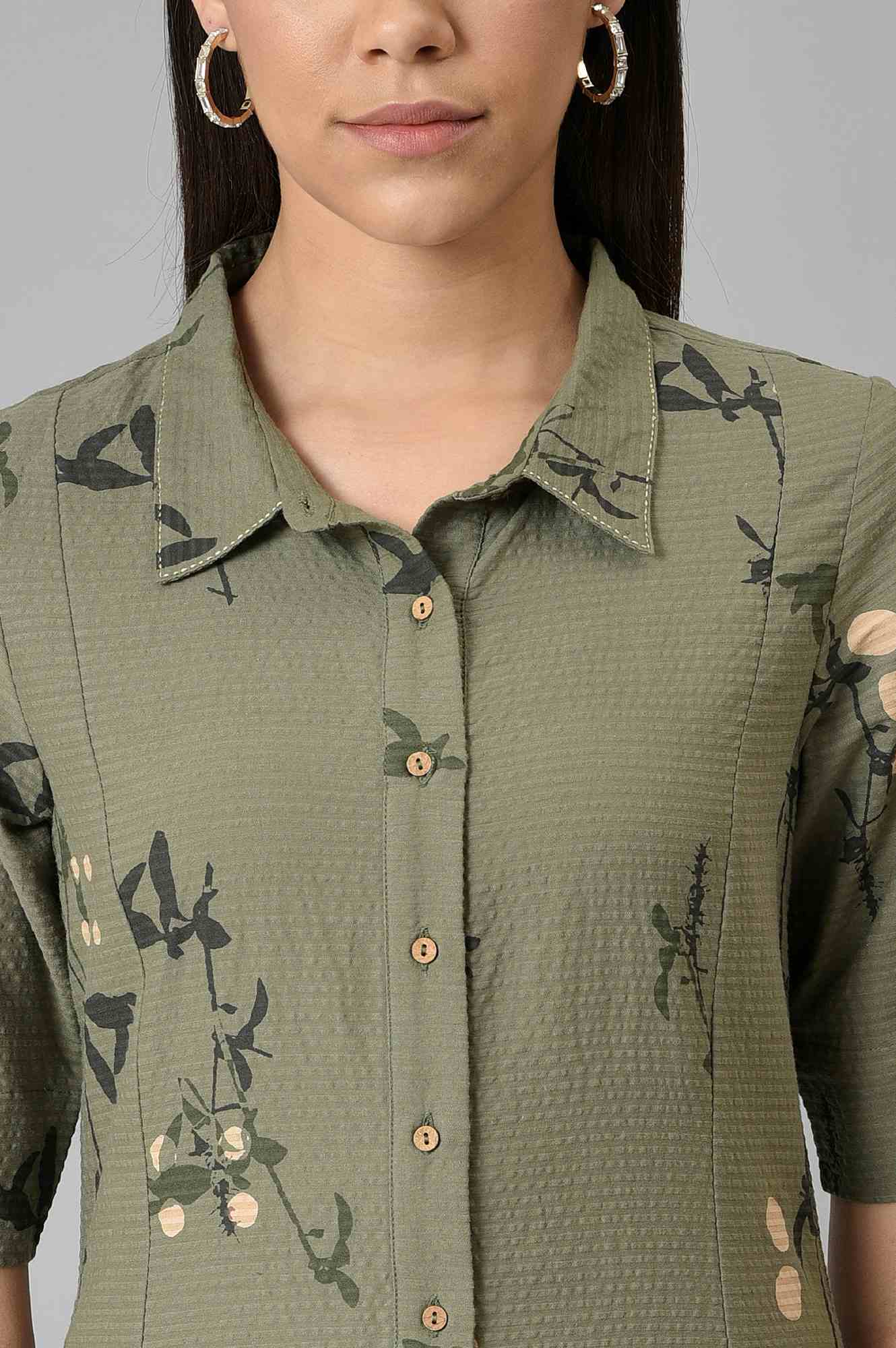 W for Woman Olive Green Seer Sucker Long Dress