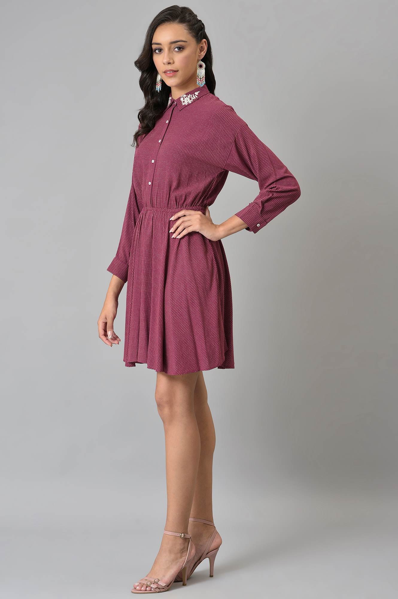 W for Woman Pink Printed Dress And Embroidered Collar